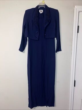 Classic Navy Sleeveless Maxi Dress with Beaded Jacket